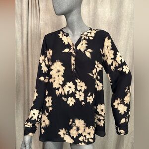 Simply Vera Floral Long Sleeve Blouse Navy/Cream Office Whimsigoth Feminine Glam